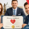 Couple receiving divorce certificate in a bright modern legal office with attorney consultation