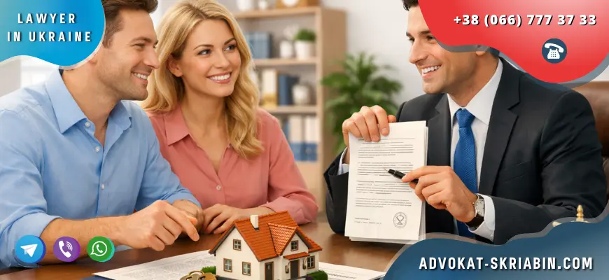 Property ownership statement through a lawyer with clients signing real estate documents in a modern legal office