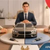 Car division upon divorce with a car, keys, legal documents and a family lawyer during property settlement