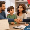 Child visitation schedule in a family law office with parents, child, attorney, calendar and legal documents